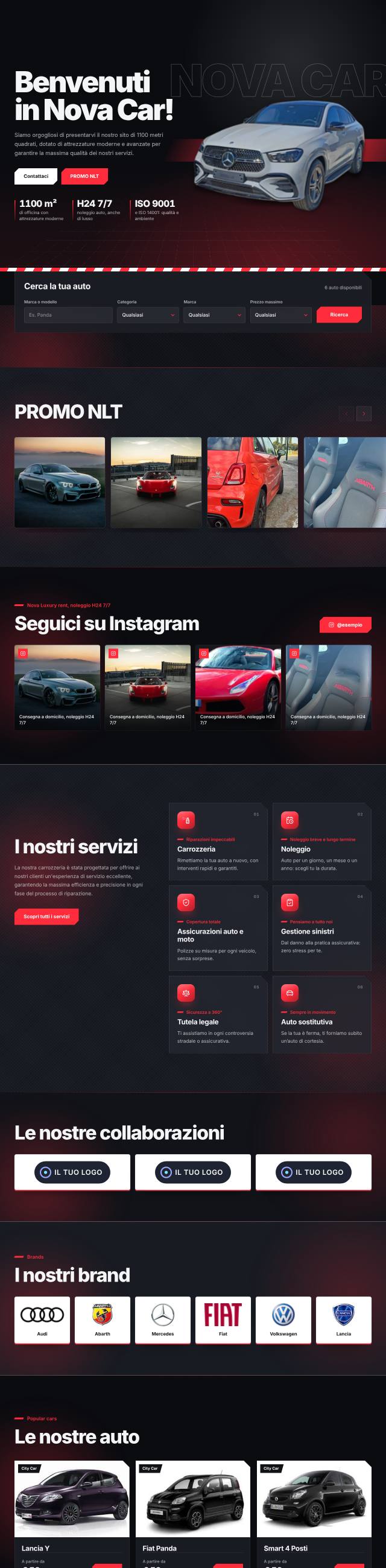 Home di un sito per una carrozzeria con noleggio: auto in apertura su fondo scuro e rosso