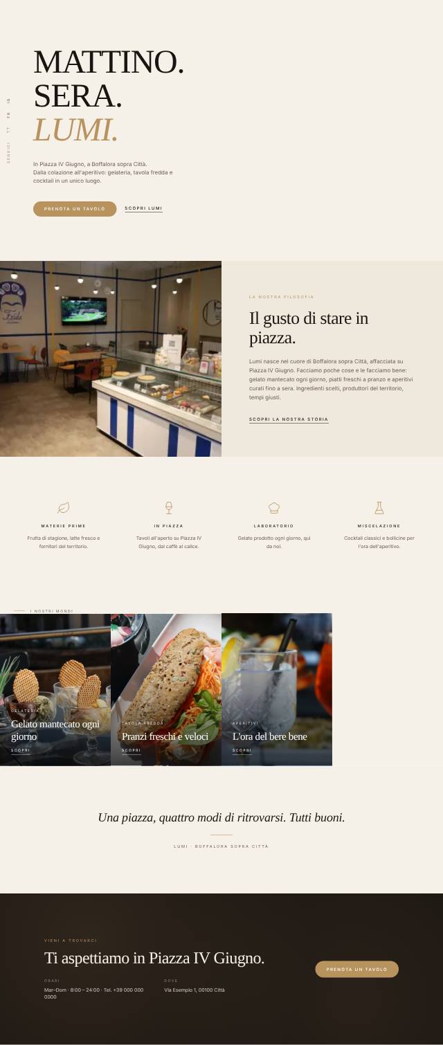 Home di un sito per una gelateria e pasticceria: titolo accanto a un dolce