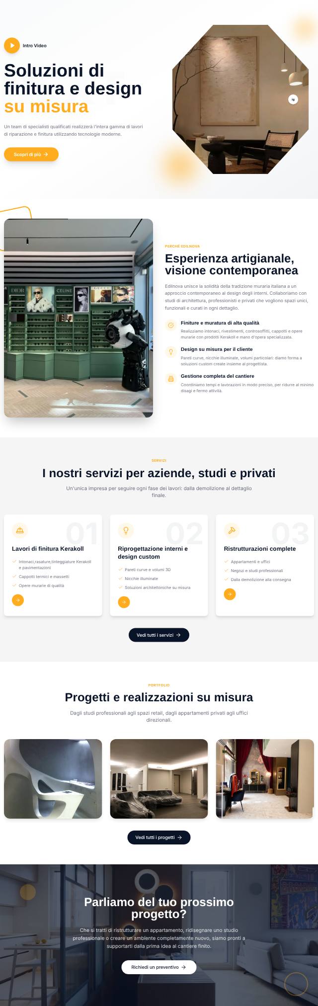 Home di un sito per un'impresa edile: titolo su finiture e design su misura