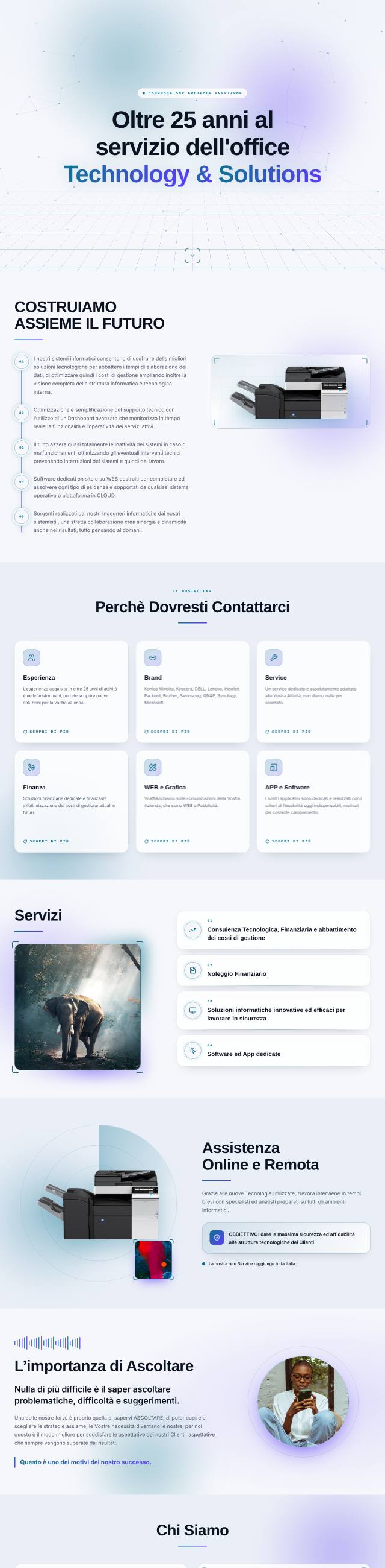 Home di un sito di informatica per l'ufficio: apertura scura con titolo blu e azzurro