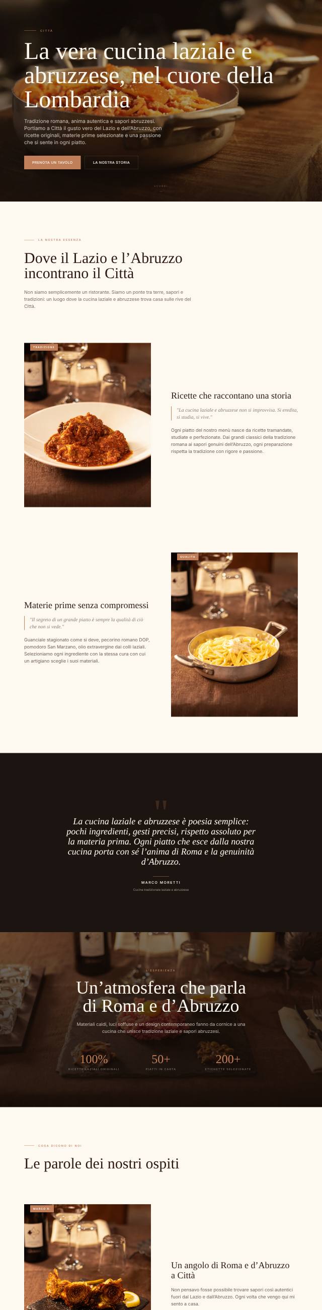 Home di un sito per un ristorante: la sala e il titolo sulla cucina della tradizione