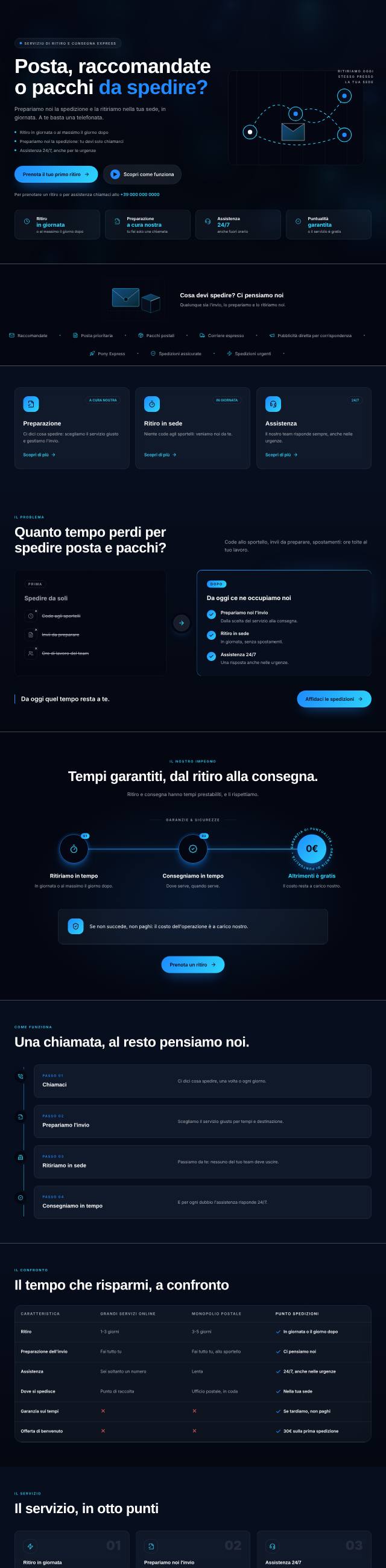 Home di un sito di spedizioni: titolo su posta e pacchi accanto al ritratto di un operatore
