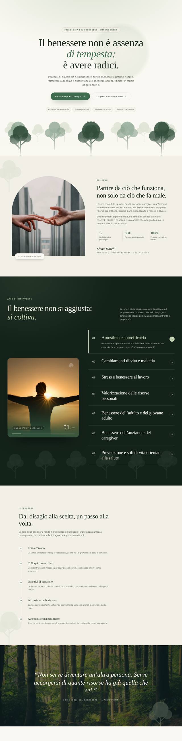 Home di un sito per uno studio di psicologia: alberi illustrati e titolo sul benessere
